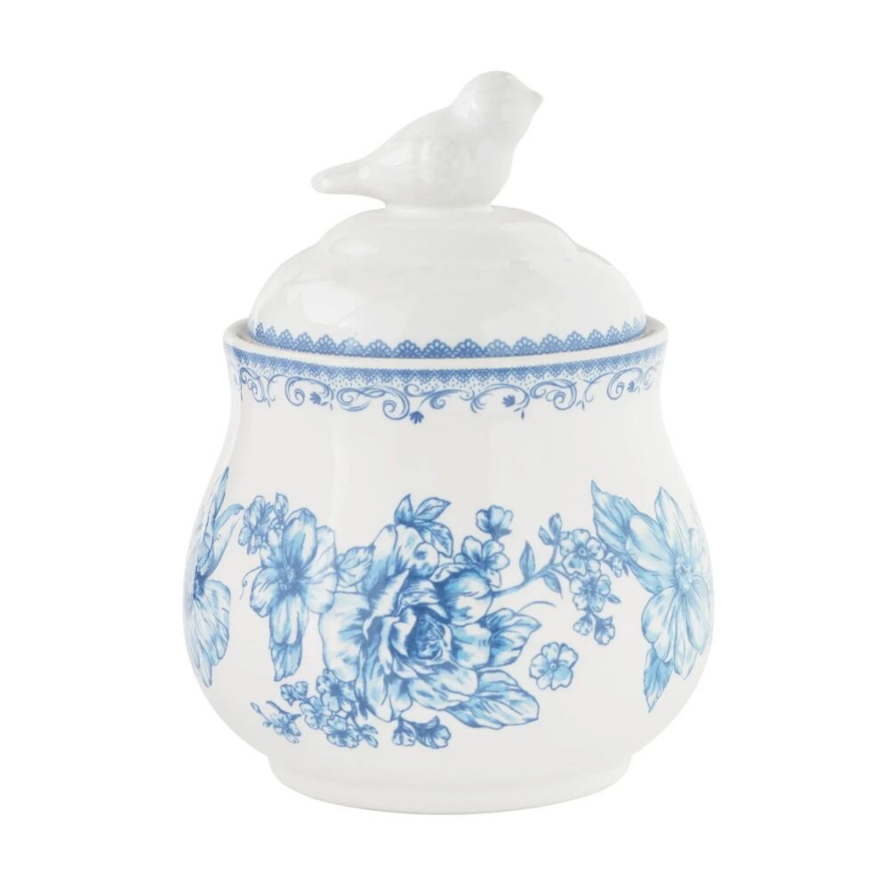 Pioneer Woman Agatha Blue Sugar Bowl Lid Stoneware Floral Bird Handle Gift NEW